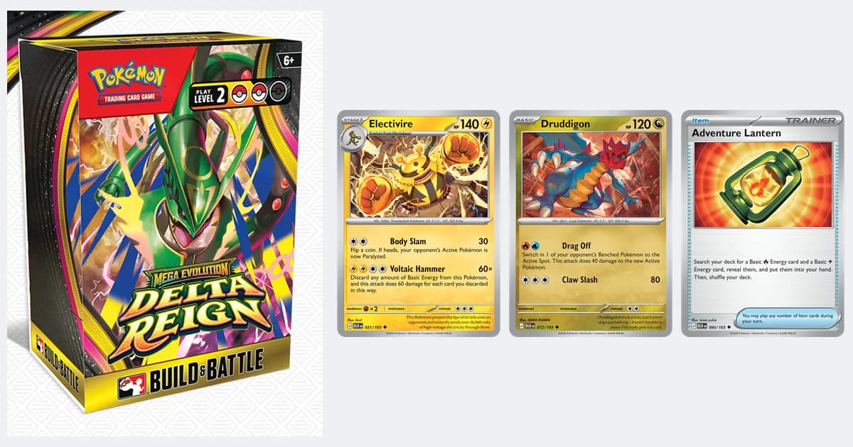 The Delta Reign Build & Battle Box with Mega Rayquaza on the front, beside Electivire, Druddigon and Adventure Lantern cards from its decks