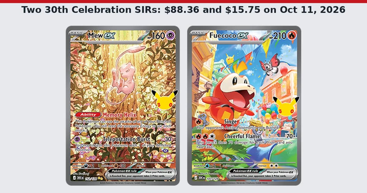 Two official 30th Celebration special illustration rares side by side: Mew ex floating in golden leaves and a smiling Fuecoco ex