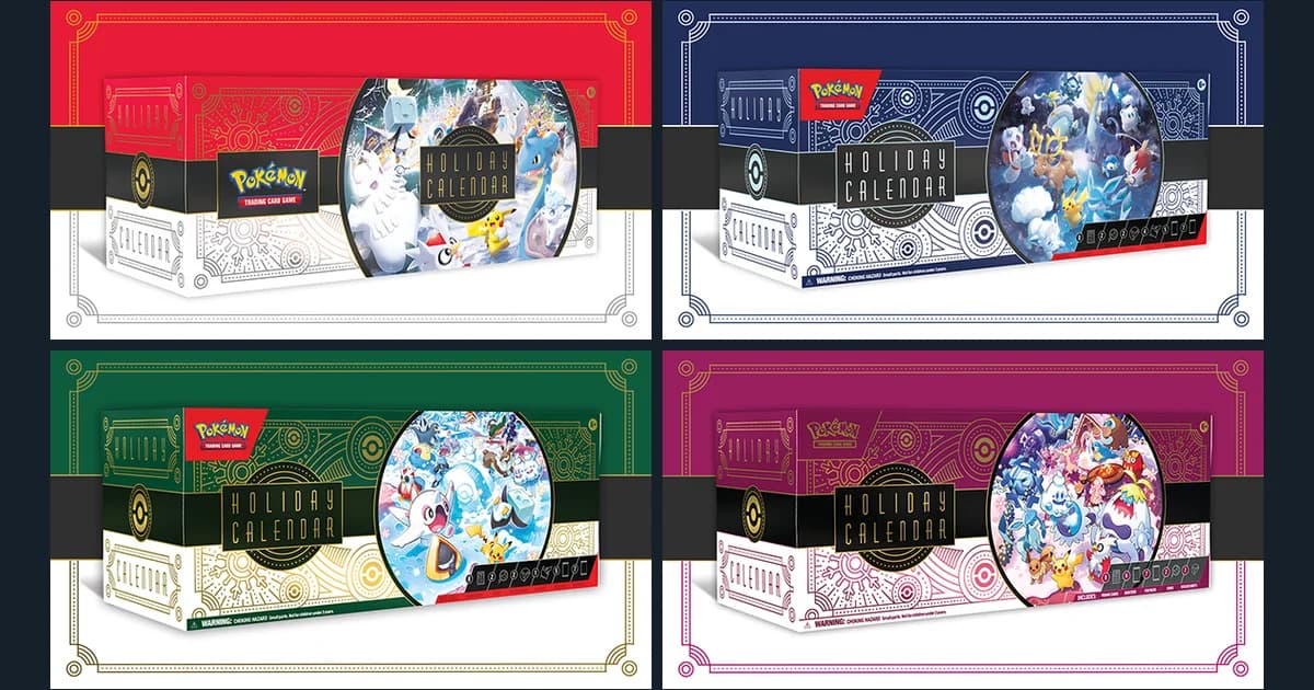 Official product images of the four Pokémon TCG Holiday Calendars in a grid: the red 2022, navy 2023, green 2024 and magenta 2025 boxes