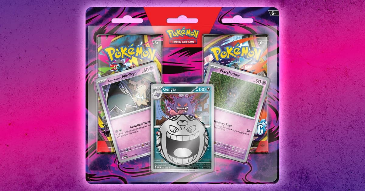 Pokémon's official image of the Enhanced 2-Pack Blister: two booster packs behind foil Team Rocket's Mimikyu, Gengar and Marshadow cards and a silver Gengar coin