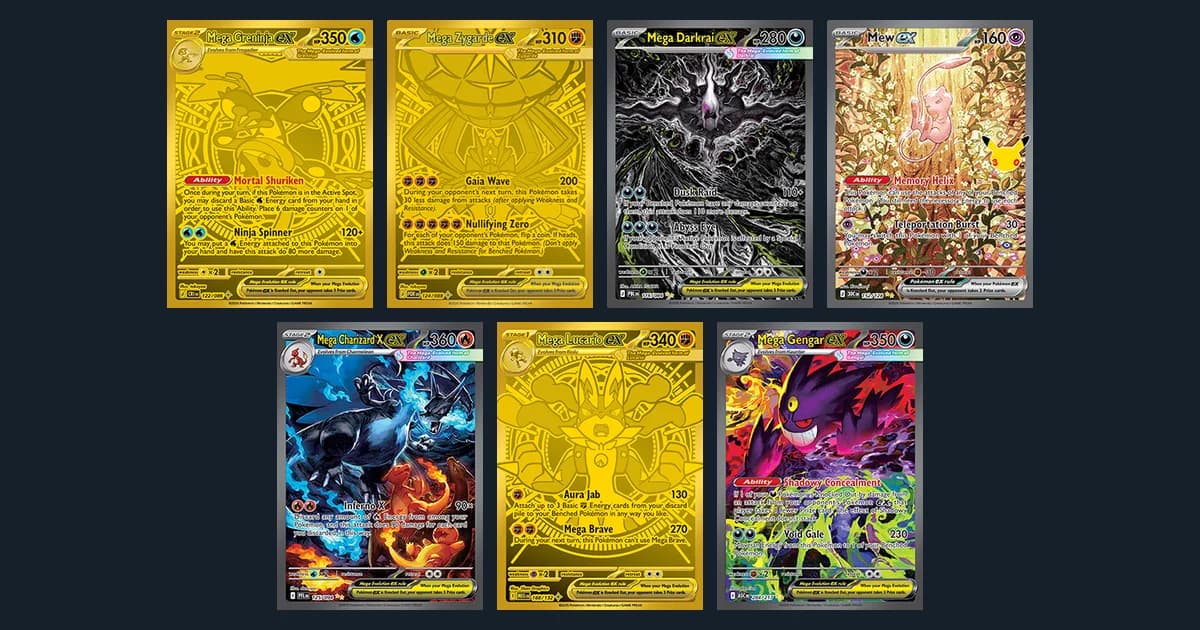 The priciest card of each Mega Evolution era set, from Mega Greninja ex to Mega Gengar ex, in official card images