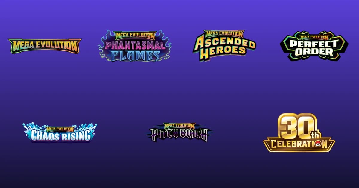 Official logos of the Mega Evolution era sets, from Mega Evolution and Phantasmal Flames to Pitch Black and 30th Celebration