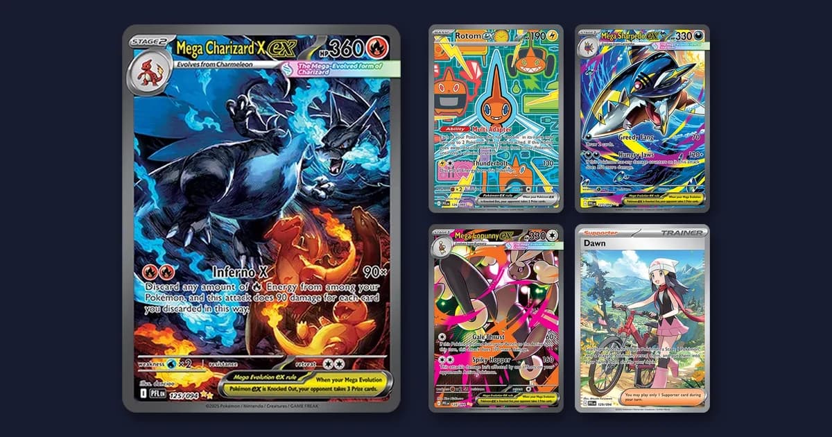 The five Phantasmal Flames Special Illustration Rares: a large Mega Charizard X ex beside Rotom ex, Mega Sharpedo ex, Mega Lopunny ex and Dawn