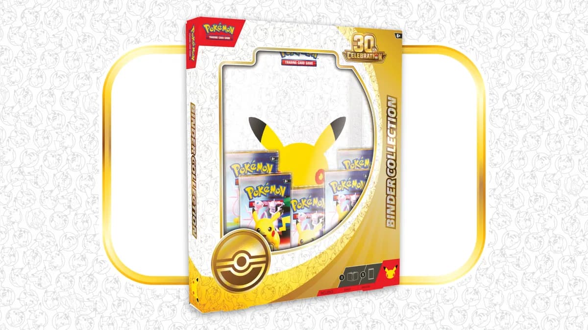 The 30th Celebration Binder Collection box: a window showing the binder with Pikachu's ears on the cover and five booster packs