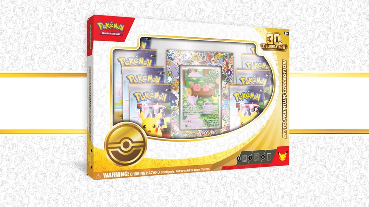 The 30th Celebration Ditto Premium Collection box: eight booster packs around a large window showing the Ditto promo card