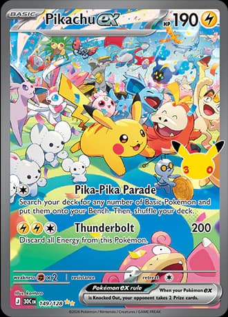 Pikachu ex 149/128 Special Illustration Rare by kantaro: Pikachu leads a parade of Pokémon, including Fuecoco, Sylveon and Slowpoke, across a rainbow under falling confetti.