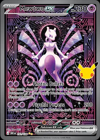 Mewtwo ex 151/128 Special Illustration Rare by Yano Keiji: Mewtwo stands with arms out, framed by a symmetrical pattern of purple and pink lines on a starry black background.