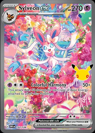 Sylveon ex 153/128 Special Illustration Rare by You Iribi: Sylveon floats among pink and red flowers, balloons and bunting, its ribbon feelers curling around it.