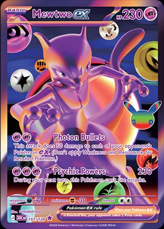 Mewtwo ex 157/128 Futuristic Rare by YOSHIROTTEN: a translucent purple and orange Mewtwo poses in front of large round Energy symbols on a dark violet background.