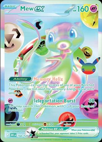 Mew ex 158/128 Futuristic Rare by YOSHIROTTEN: a translucent, rainbow-tinted Mew in front of large round Energy symbols on a pale background.
