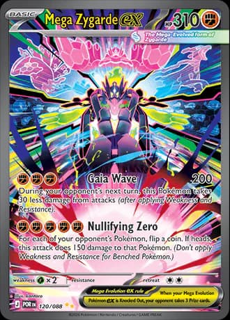 Mega Zygarde ex 120/088 Special Illustration Rare by kantaro: Mega Zygarde towers over the scene, its body glowing pink, green and blue against a burst of light.