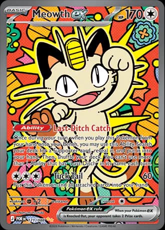 Meowth ex 121/088 Special Illustration Rare by Natsumi Yoshida: Meowth raises one paw like a beckoning cat in front of a bright red and yellow pop-art pattern.