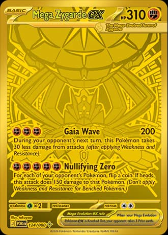 Mega Zygarde ex 124/088 Mega Hyper Rare by takuyoa: an all-gold card with Mega Zygarde's outline drawn in raised gold lines.