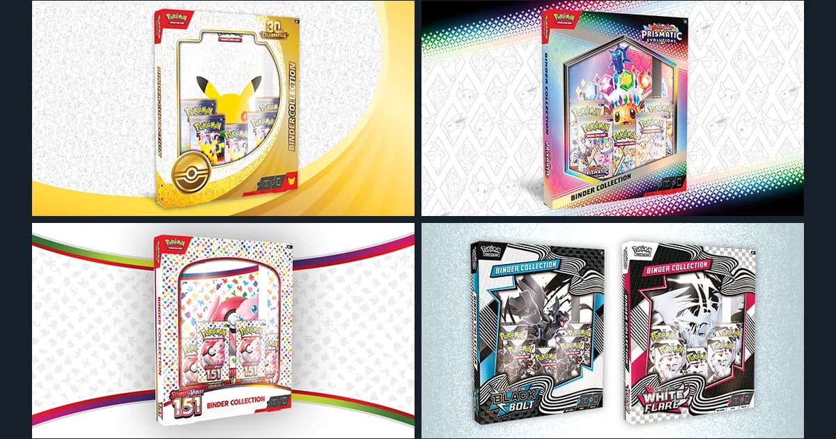 Official product images of five Pokémon TCG Binder Collections in a grid: 30th Celebration, Prismatic Evolutions, Scarlet & Violet 151, and Black Bolt beside White Flare