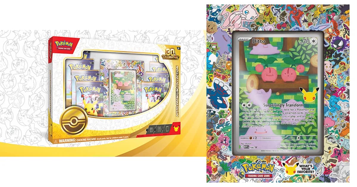 The 30th Celebration Ditto Premium Collection box next to the Ditto promo card standing in its acrylic display