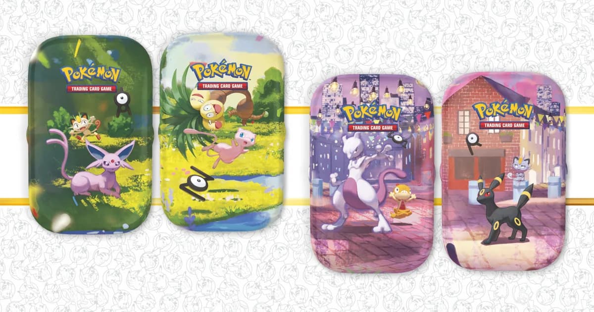 Four 30th Celebration mini tins: Espeon and Mew in a sunny meadow, Mewtwo and Umbreon on a lamp-lit night street