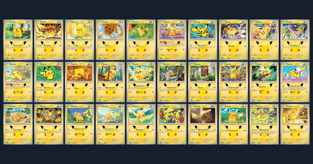 All 30 Pikachu Rare cards from Pokémon TCG 30th Celebration, English numbers 023 to 052, in three rows of official card images