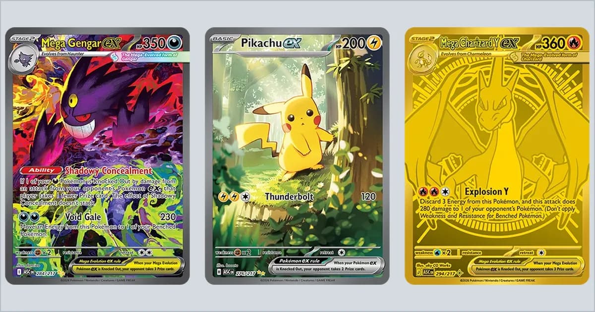 Official card images of the Mega Gengar ex and Pikachu ex Special Illustration Rares and the gold Mega Charizard Y ex from Ascended Heroes