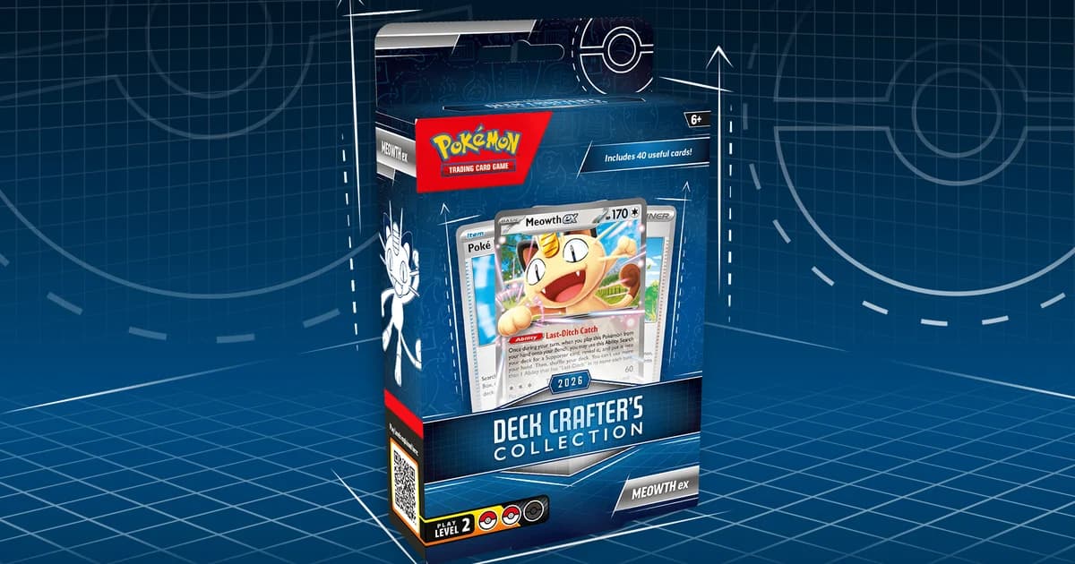 The Pokémon TCG Deck Crafter's Collection box with a Meowth ex card on the front, labeled Play Level 2, on a blue grid