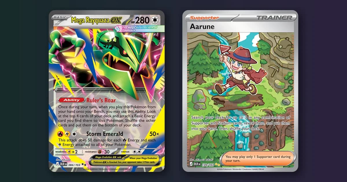 Official English Delta Reign card scans side by side: Mega Rayquaza ex 084/103 and the Aarune special illustration rare 139/103