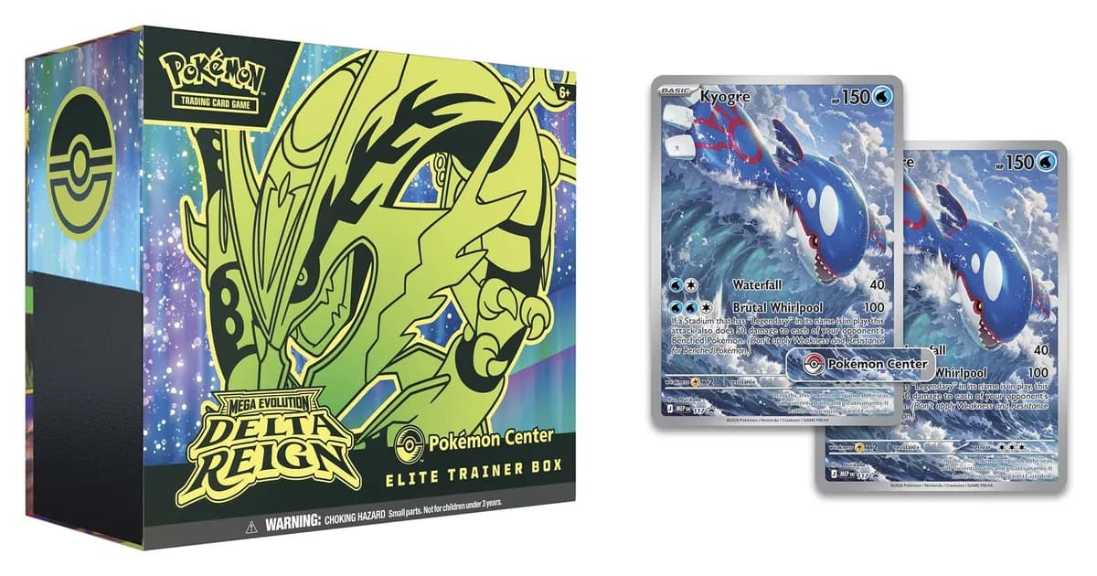 The Delta Reign Pokémon Center Elite Trainer Box with Mega Rayquaza on the front, next to its two full-art Kyogre promo cards, one with a Pokémon Center logo