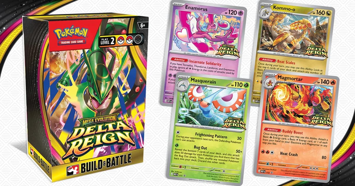 Official Delta Reign Build & Battle Box with Mega Rayquaza on the front, beside the Enamorus, Kommo-o, Masquerain and Magmortar promo cards