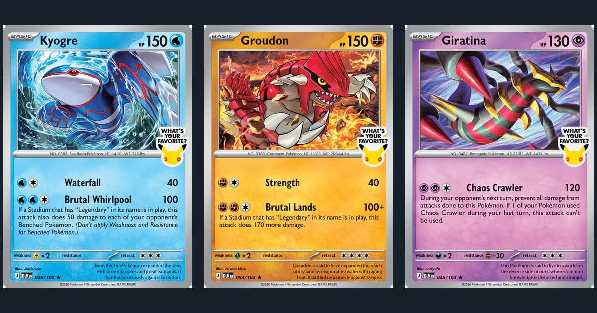 Official images of the Delta Reign store promos Kyogre 026/103, Groudon 053/103 and Giratina 045/103, each with the What's Your Favorite 30 stamp