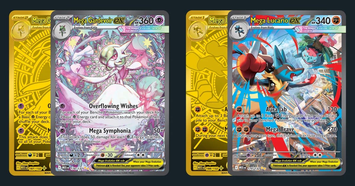 Official English Mega Evolution card scans in two overlapping pairs: the gold Mega Gardevoir ex 187/132 behind the Mega Gardevoir ex special illustration rare 178/132, and the gold Mega Lucario ex 188/132 behind the Mega Lucario ex special illustration rare 179/132