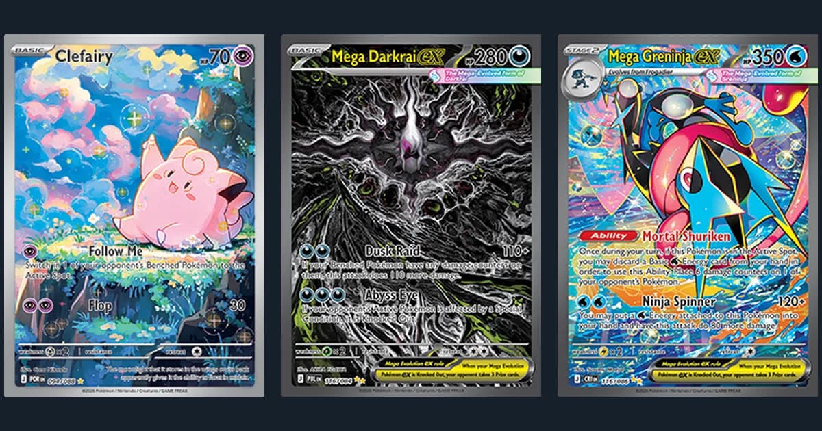 Official card images of Clefairy from Perfect Order, Mega Darkrai ex from Pitch Black and Mega Greninja ex from Chaos Rising