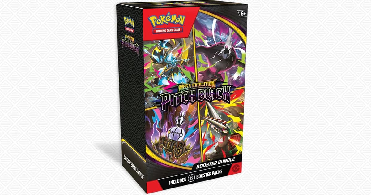 Official Pokémon product image of the Mega Evolution Pitch Black Booster Bundle, a box of six booster packs labelled Includes 6 Booster Packs
