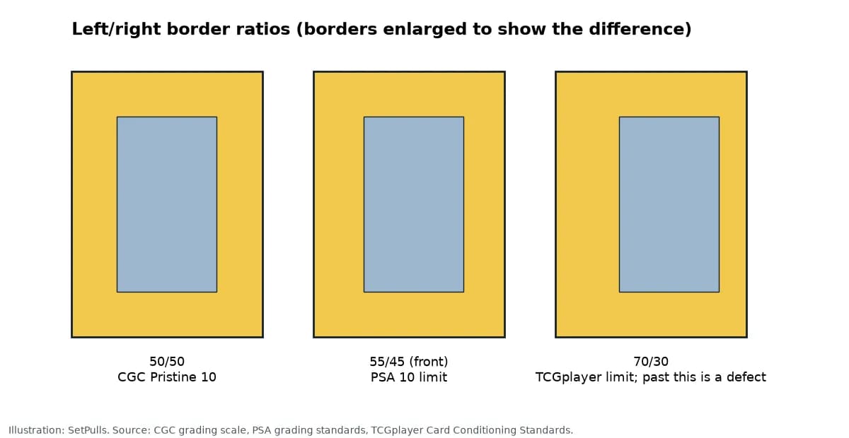 Three card outlines comparing left and right borders at 50/50 for CGC Pristine 10, 55/45 for PSA 10 and 70/30 for TCGplayer's limit