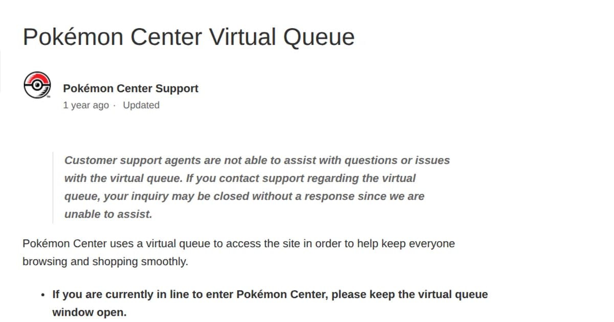 Pokémon Center Support's virtual queue page, warning that support agents can't help with questions about the queue