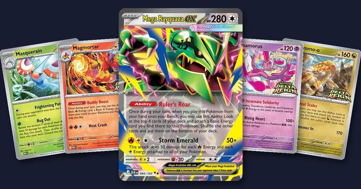 The four Delta Reign prerelease promo cards, Masquerain, Magmortar, Enamorus and Kommo-o, fanned around a Mega Rayquaza ex card