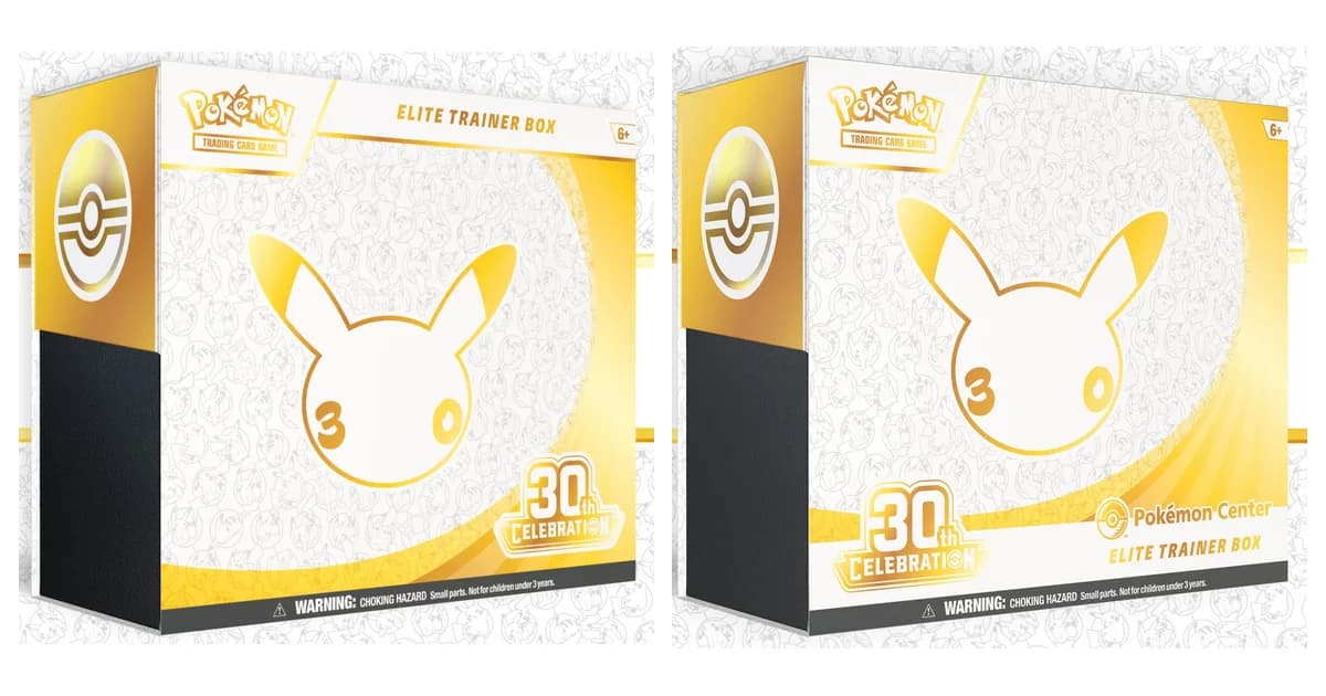The standard 30th Celebration Elite Trainer Box beside the Pokémon Center version, which adds the Pokémon Center logo above its title