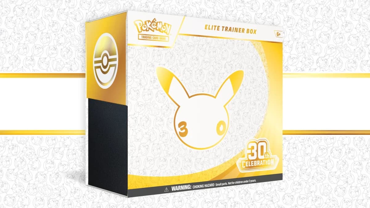 The 30th Celebration Elite Trainer Box: a white and gold box with a Poké Ball on the side and a gold Pikachu face with the number 30 on the front