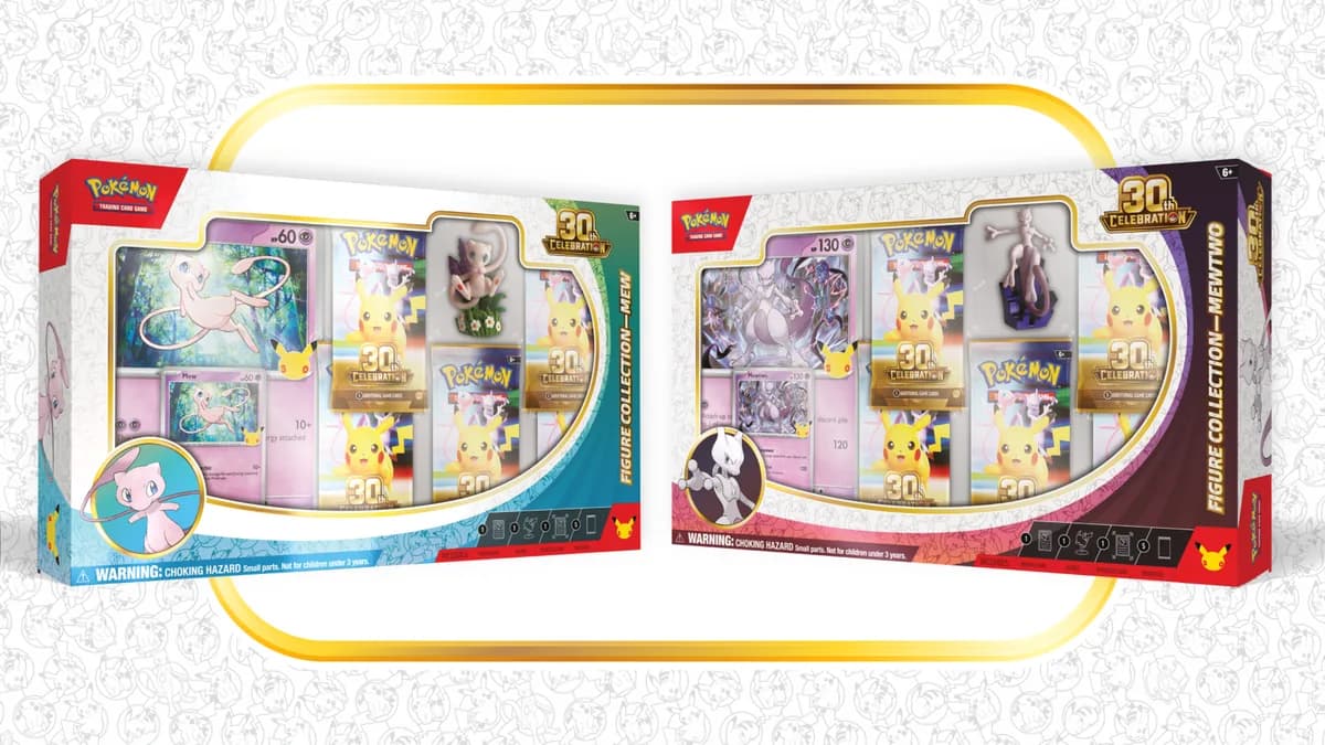 The two 30th Celebration Figure Collection boxes side by side: Mew in teal and pink, Mewtwo in red and purple, each showing the figure, promo, oversize card and five packs