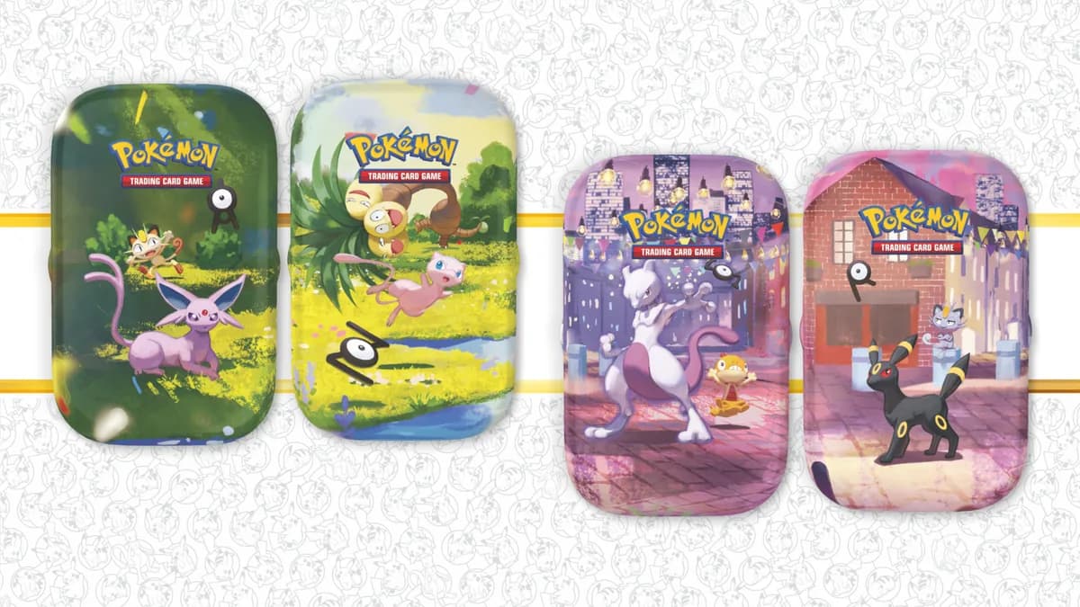 Four of the ten 30th Celebration mini tins: Espeon and Mew on daytime meadows, Mewtwo and Umbreon on night-time city streets