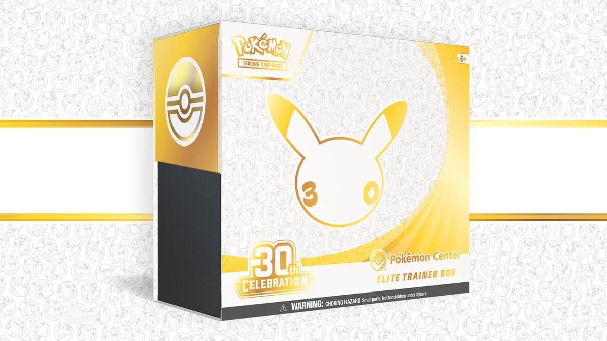 The 30th Celebration Pokémon Center Elite Trainer Box: the same white and gold box as the standard ETB, with a Pokémon Center logo above the words Elite Trainer Box
