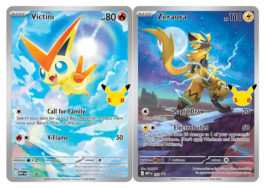 Victini MEP 102 and Zeraora MEP 103, the two 30th Celebration Battle Deck promos, side by side