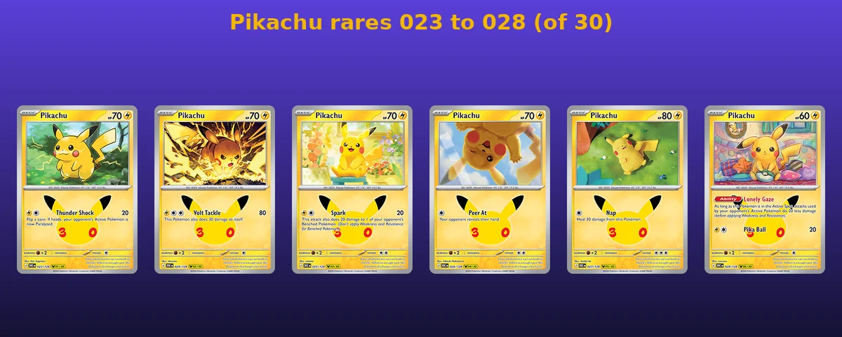 Six yellow Pikachu rare cards numbered 023 to 028, each with a different illustration and attack