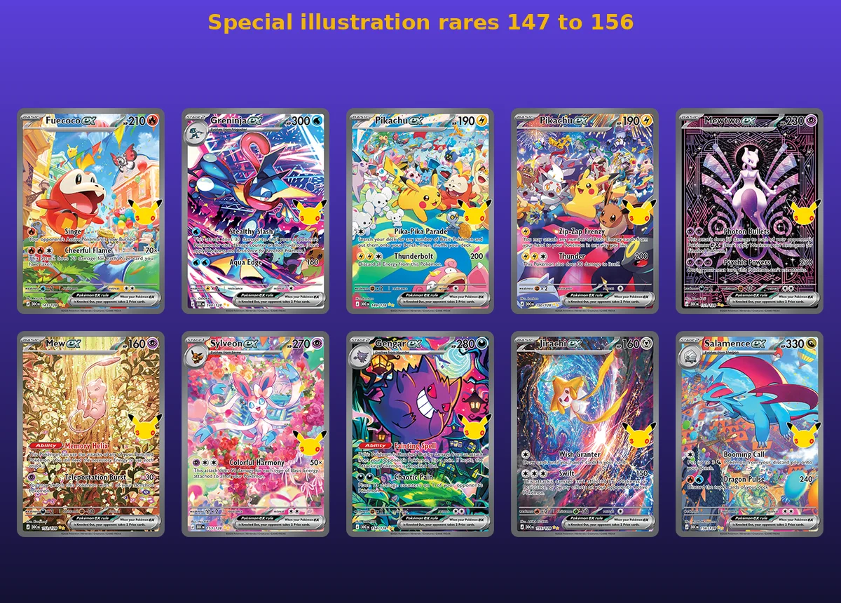 Ten special illustration rare cards in two rows, from Fuecoco ex and Greninja ex to Jirachi ex and Salamence ex