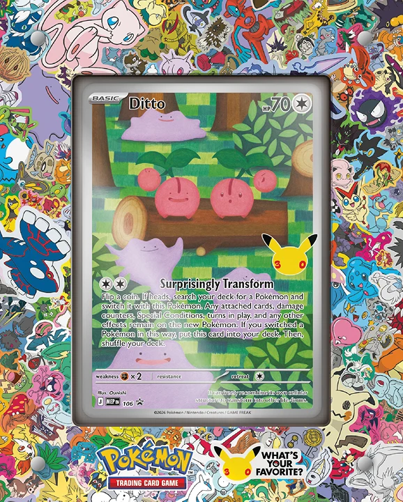 The Ditto promo card, number 106, standing in the acrylic display that comes in the 30th Celebration Ditto Premium Collection, on a background of Pokémon artwork