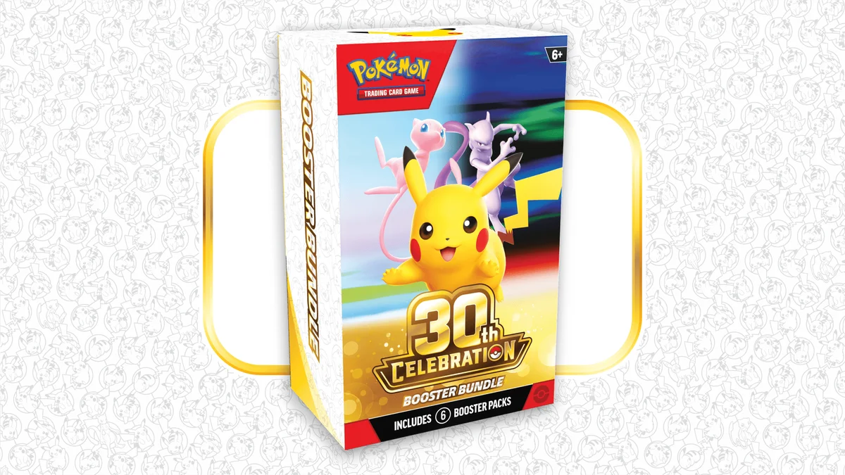 Tall 30th Celebration Booster Bundle box showing Pikachu, Mew and Mewtwo and the words includes 6 booster packs