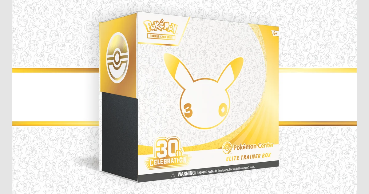 White and gold Pokémon Center Elite Trainer Box with the Pikachu outline, a Pokémon Center logo and the 30th Celebration badge