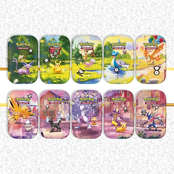 All ten 30th Celebration mini tins in two rows: Espeon, Day Pikachu, Mew, Lapras and Moltres in daylight above Zapdos, Umbreon, Mewtwo, Night Pikachu and Greninja at night