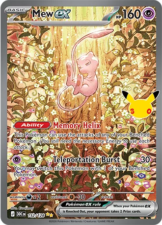 Mew ex special illustration rare 152/128 from 30th Celebration, Mew floating among golden leaves and white flowers