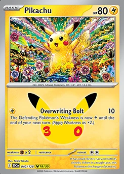 Pikachu 040/128 from 30th Celebration, illustrated by Shinji Kanda, a Pikachu surrounded by dense patterned flowers, with the Overwriting Bolt attack