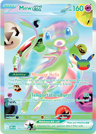 Mew ex 158/128, the 30th Celebration Futuristic Rare, in silver and pastel foil with the Memory Helix ability and Teleportation Burst attack