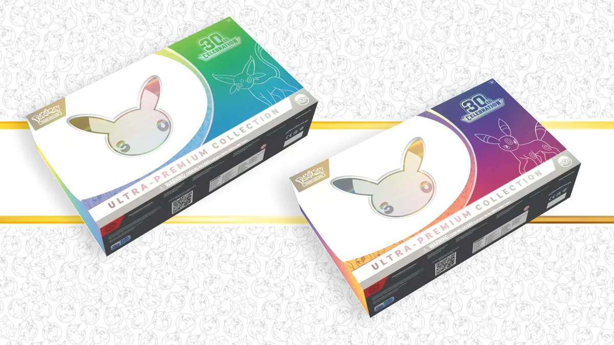 The 30th Celebration Ultra-Premium Collection in its Day version with Espeon and its Night version with Umbreon, two boxes side by side