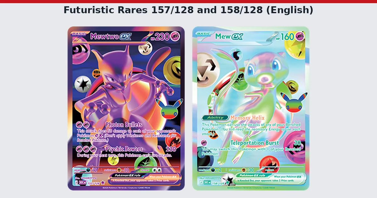 The two 30th Celebration Futuristic Rares side by side: Mewtwo ex 157/128 in purple and orange, and Mew ex 158/128 in pale pastel colors
